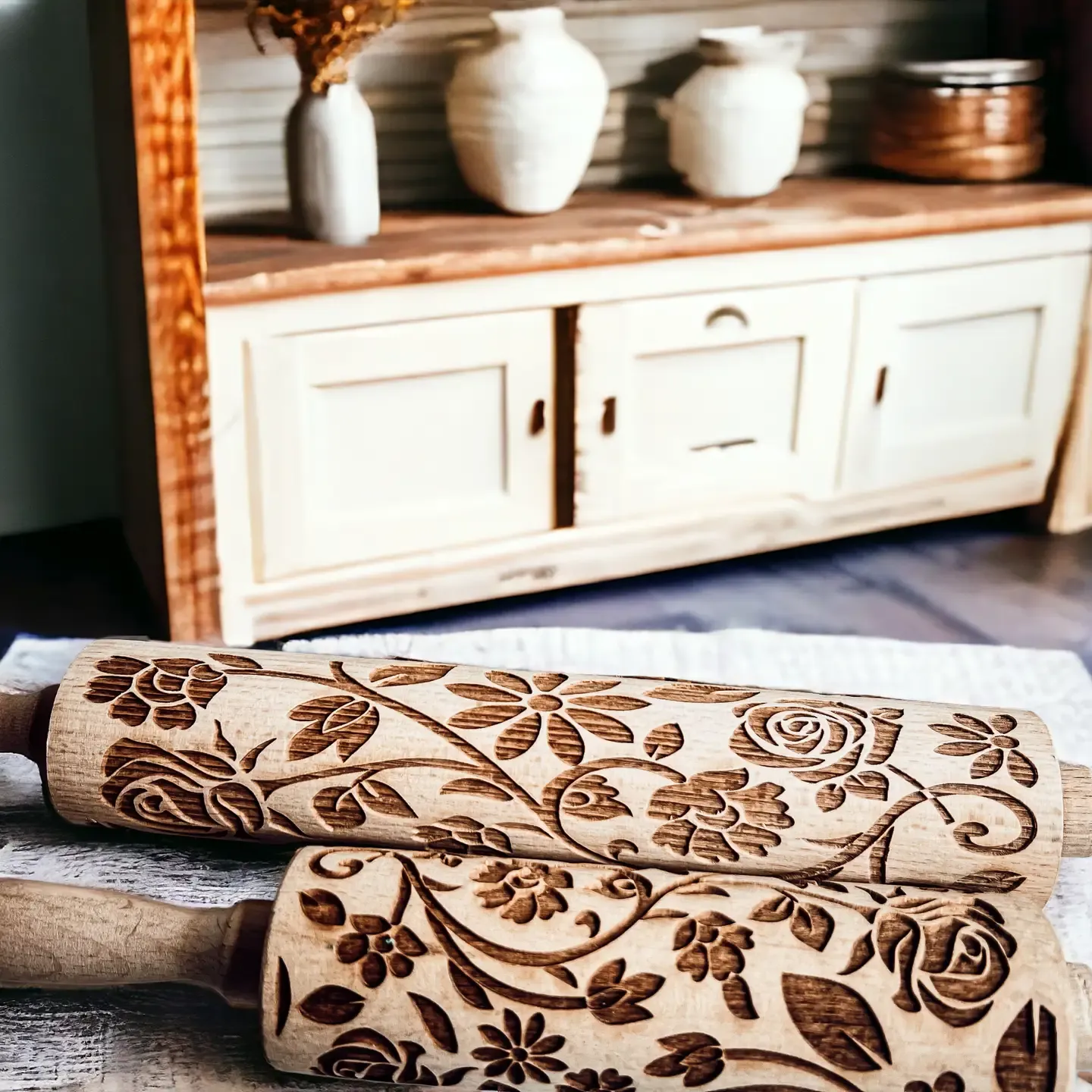 Floral Wooden Rolling Pin and Cookie Cutter Set