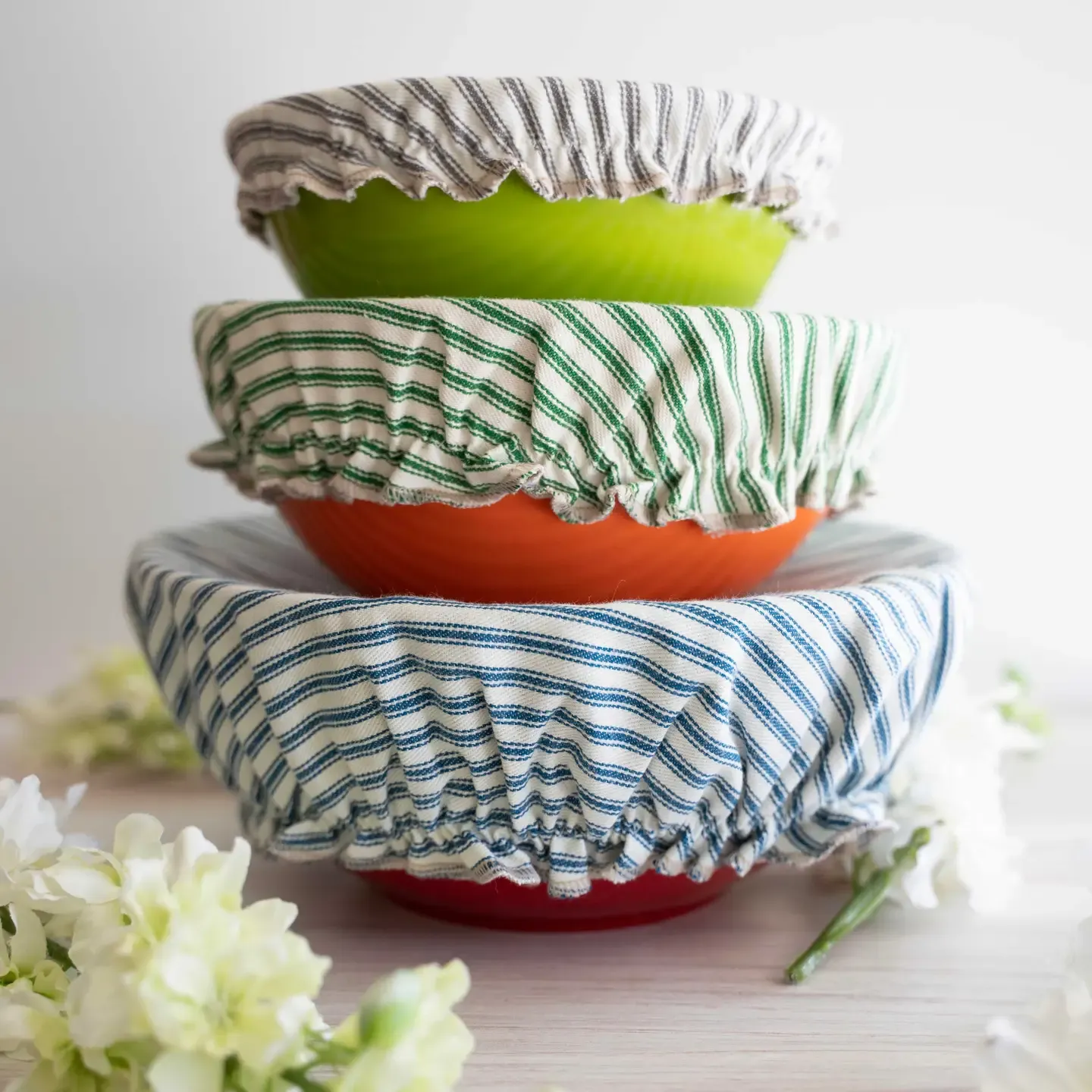 Gray Ticking Stripes Reusable Bowl Covers, set of three