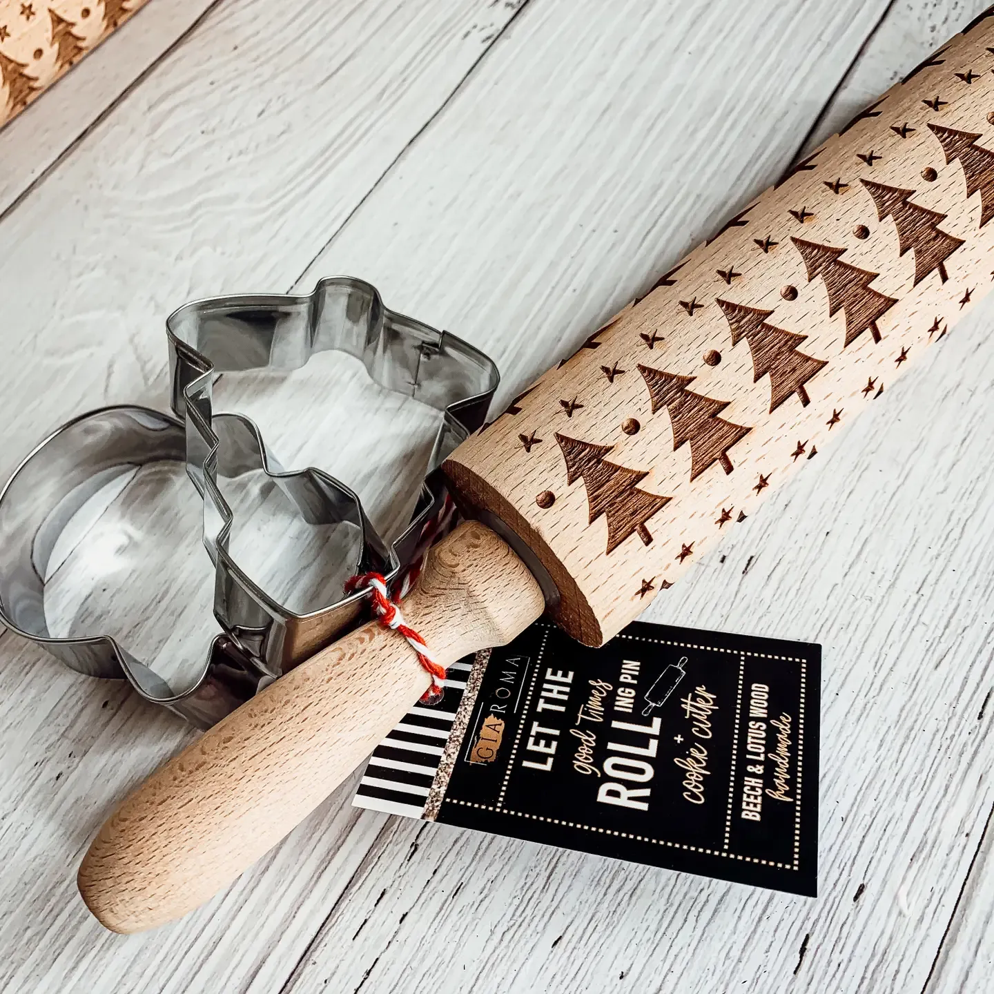 Christmas Trees Wooden Rolling Pin and Cookie Cutter Set