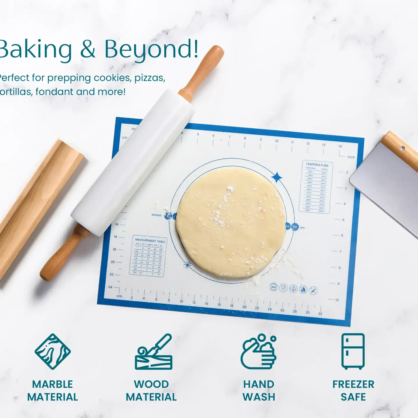 Kook Marble Rolling Pin Set, with Base, Pad and Scraper