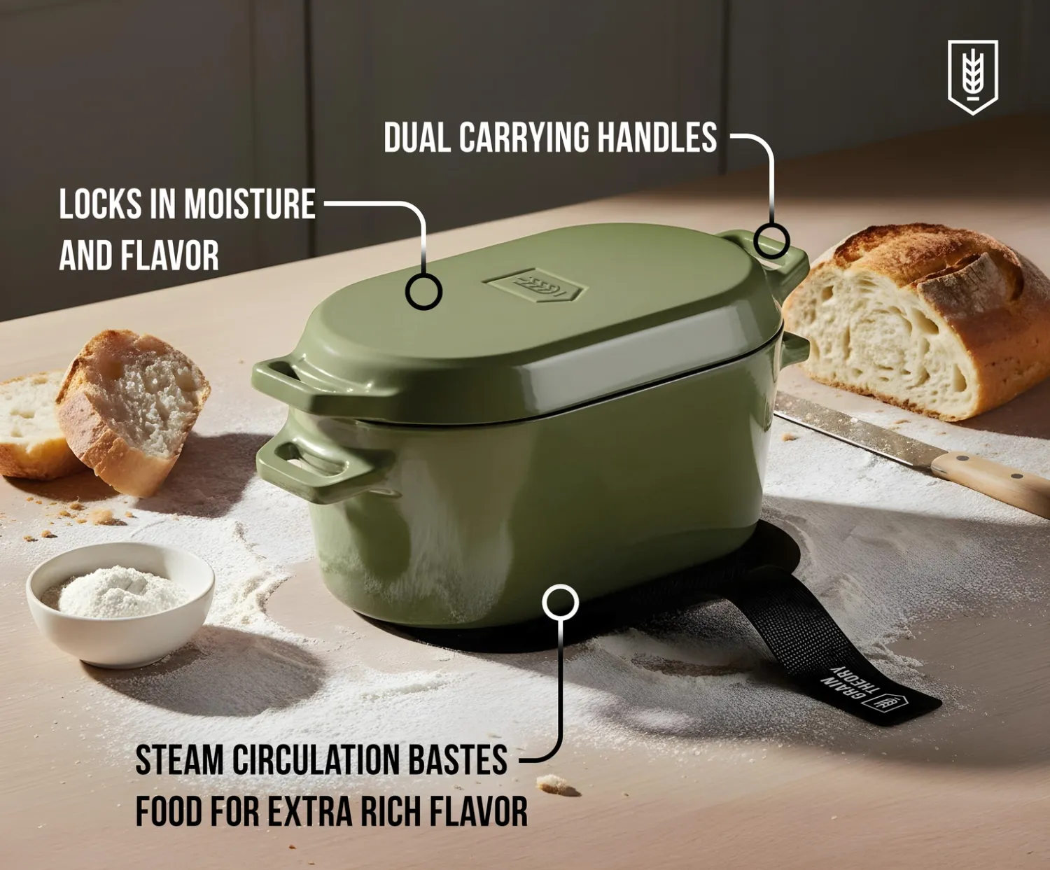 Kook Dutch Oven with Lid, Enameled Cast Iron, 3.4 Qt - Sage