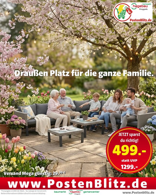 Merxx XXL Eckset Amantea – ausziehbar von 5 auf 7 Sitzplätze, inkl. 2 Tische & Kissen, Lounge, Gartenmöbelset - 528,99 inkl. Versand