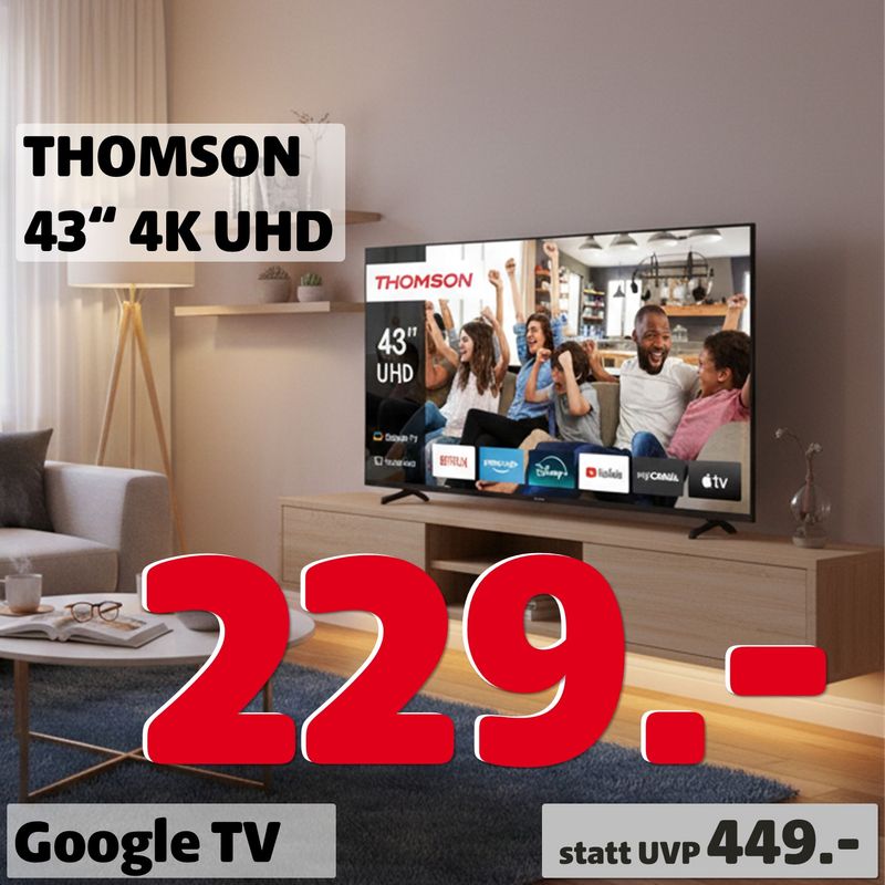 Thomson 43" 4K UHD Google TV (43 UG 4S 14) – Rahmenlos, Dolby Audio & 3 Jahre Hersteller-Garantie