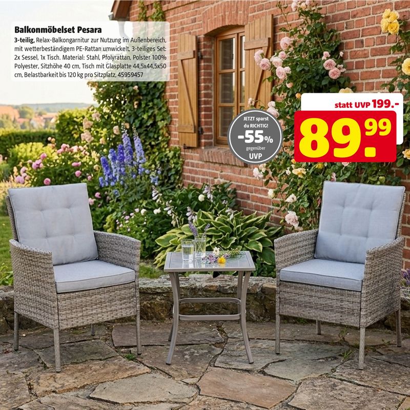Balkonmöbel-Set Pesara 3-teilig – Relax-Balkongarnitur aus Polyrattan inkl. Sessel, Tisch & Polstern