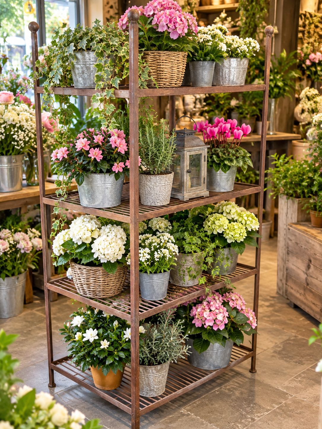 grande étagère de fleuriste en fer sur mesure