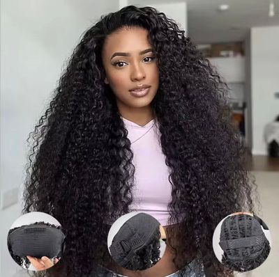 Deep curly wave human hair wigs HD lace front with curtains bangs 210% density