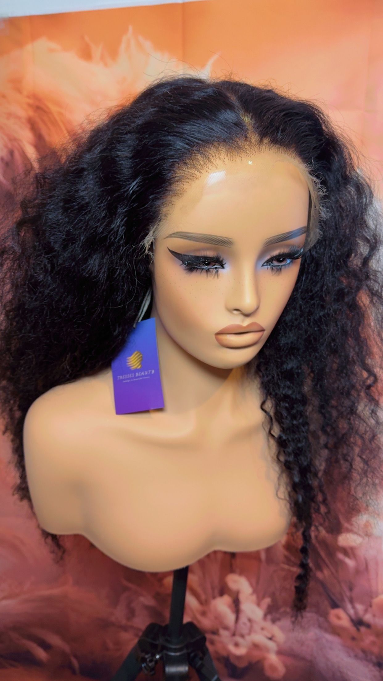 Deep curly wave human hair wigs HD lace front with curtains bangs 210% density