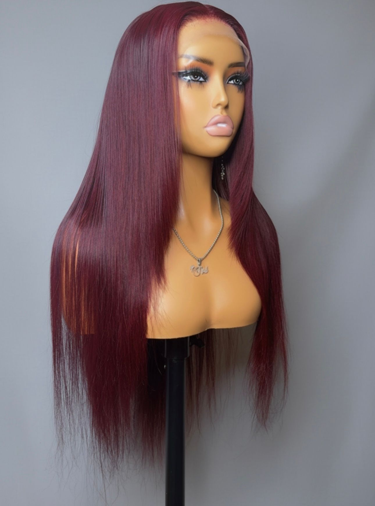 Glueless Layered dark Cherry  straight human hair 6x6 transparent lace wig 250% plucked hairline,