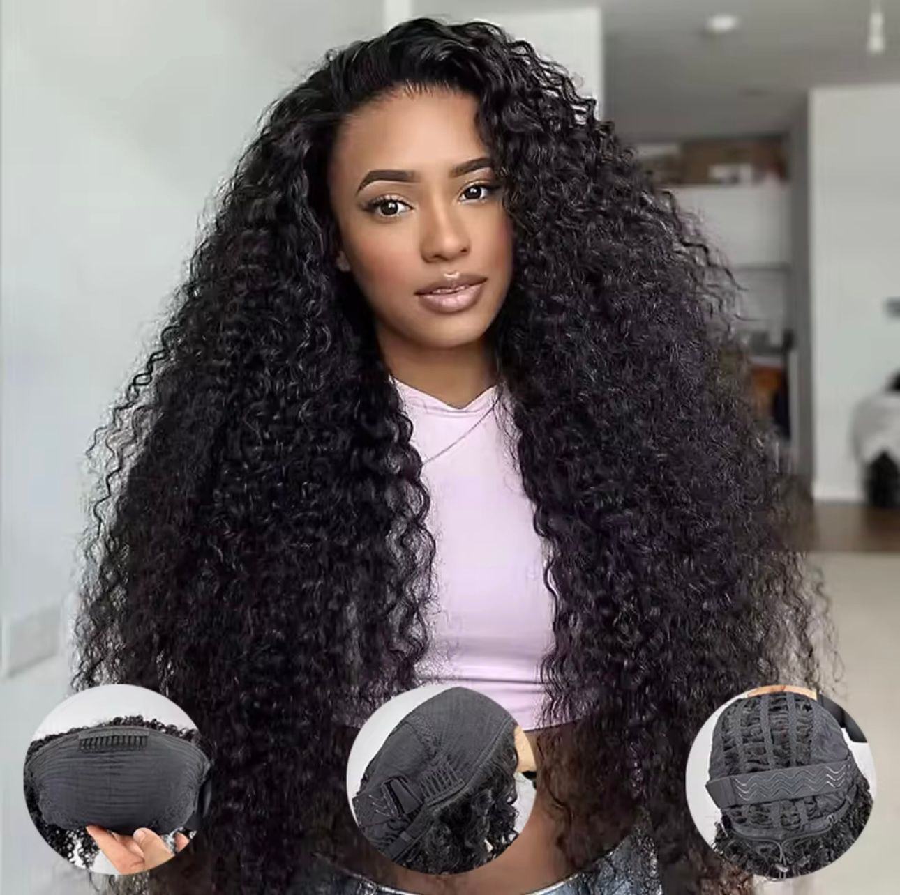 Deep curly wave human hair wigs HD lace front with curtains bangs 210% density