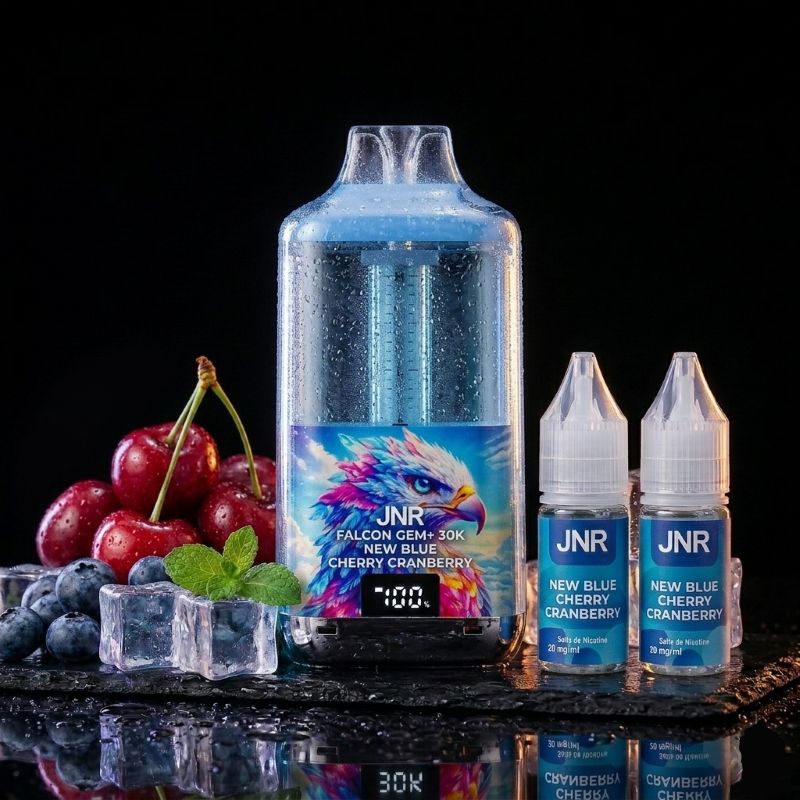 JNR Falcon Gem+ 30K New Blue Cherry Cranberry – Wiederaufladbarer Vape mit LED-Display, 30'000 Züge, Schweiz