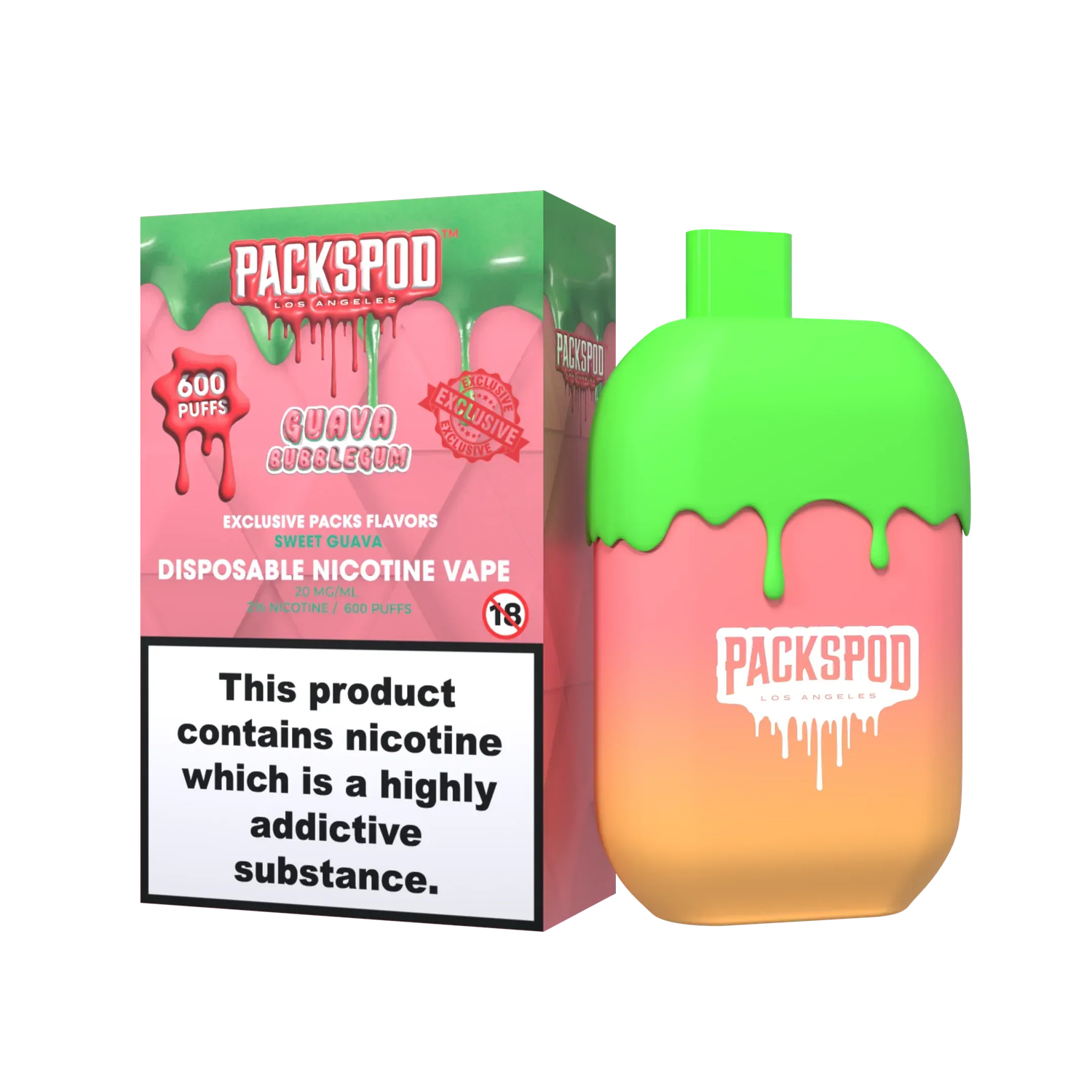 PacksPod 600 Einweg Vape in der Sorte Guava Bubblegum mit 20mg Nikotinsalz vor weissem Hintergrund.