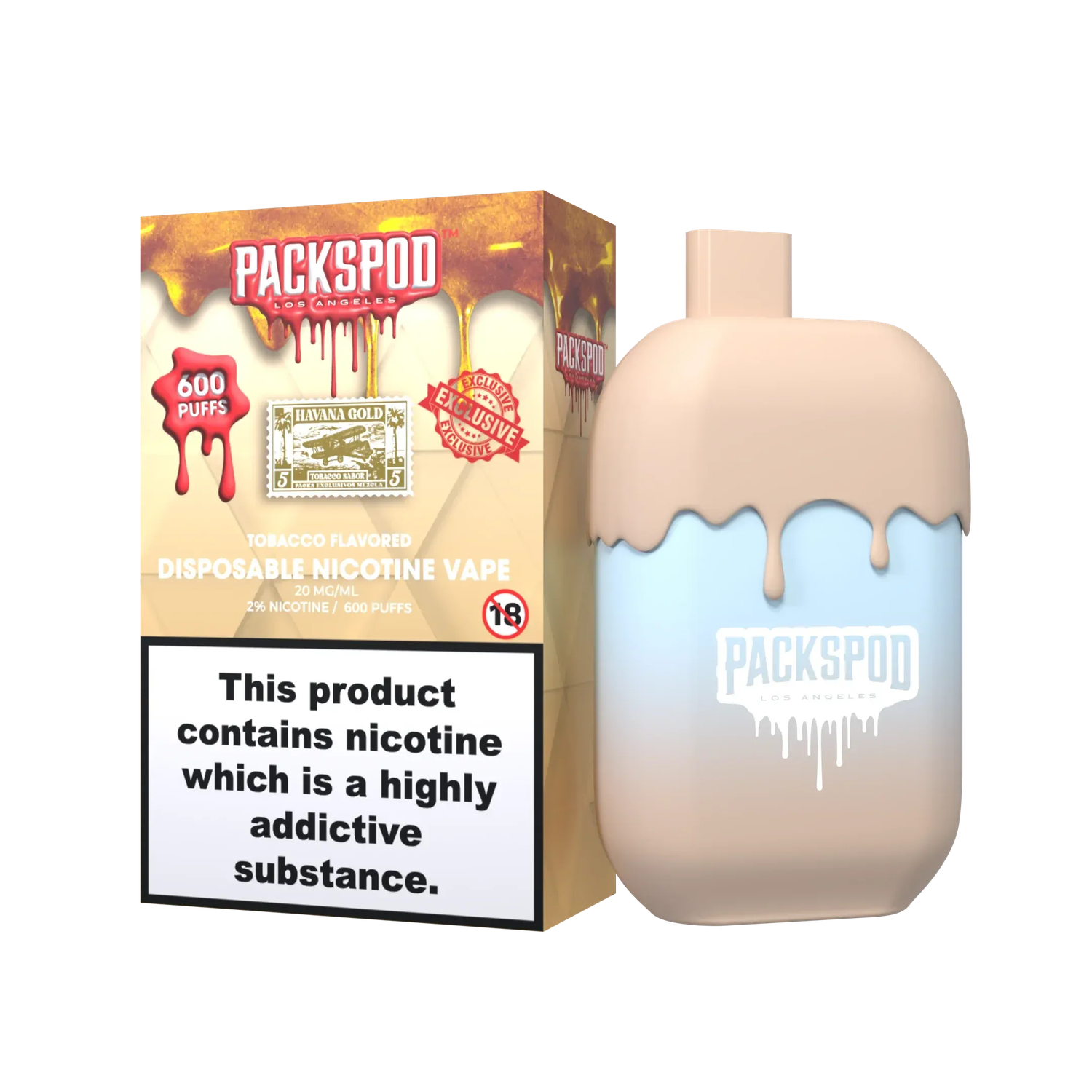 PacksPod 600 Einweg Vape in der Sorte Havana Gold mit 20mg Nikotinsalz vor weissem Hintergrund.