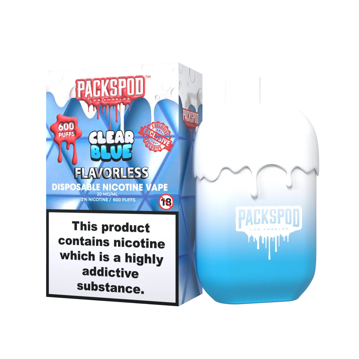 PacksPod 600 Einweg Vape in der Sorte Clear Blue mit 20mg Nikotinsalz vor weissem Hintergrund.