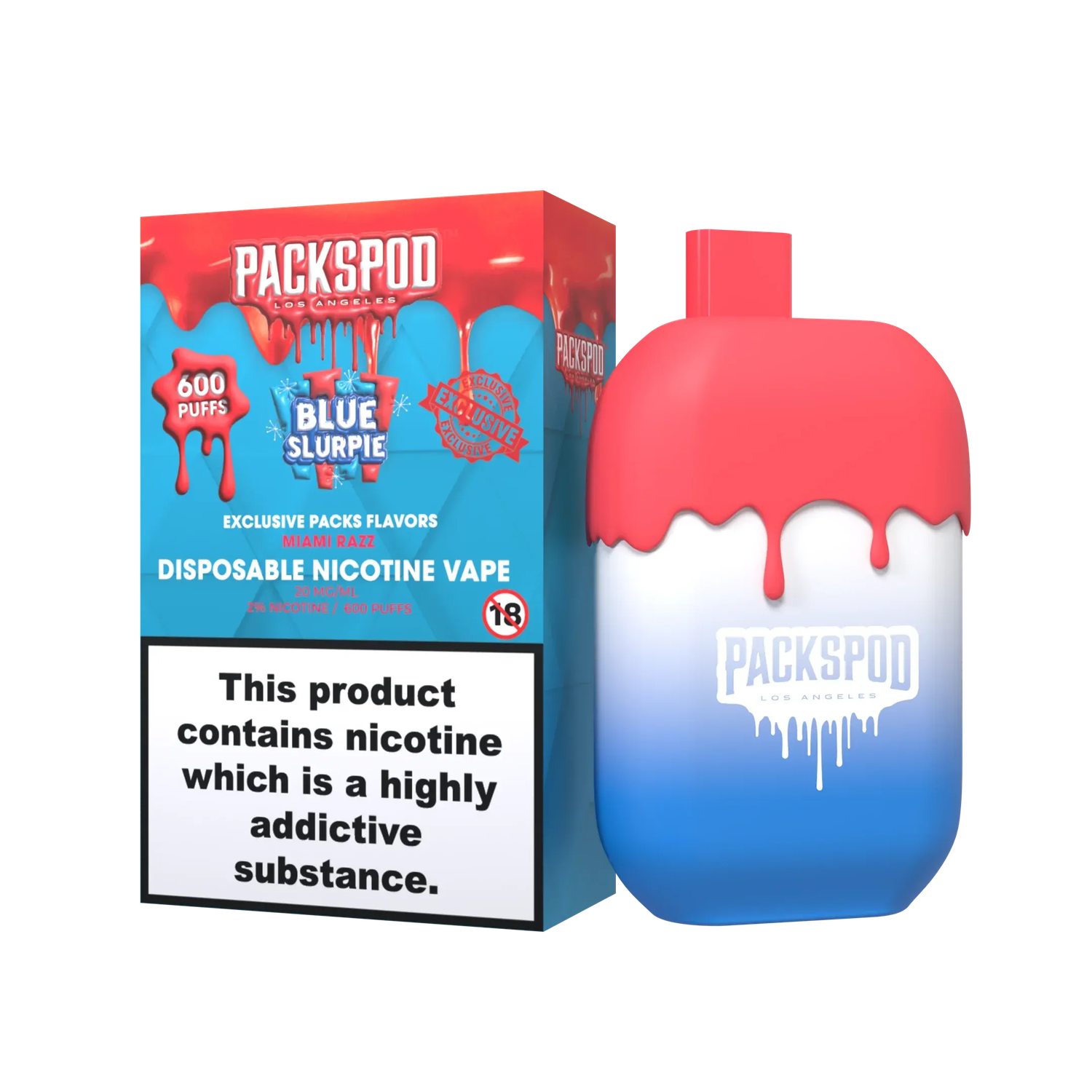 PacksPod 600 Einweg Vape in der Sorte Blue Slurpie mit 20mg Nikotinsalz vor weissem Hintergrund.