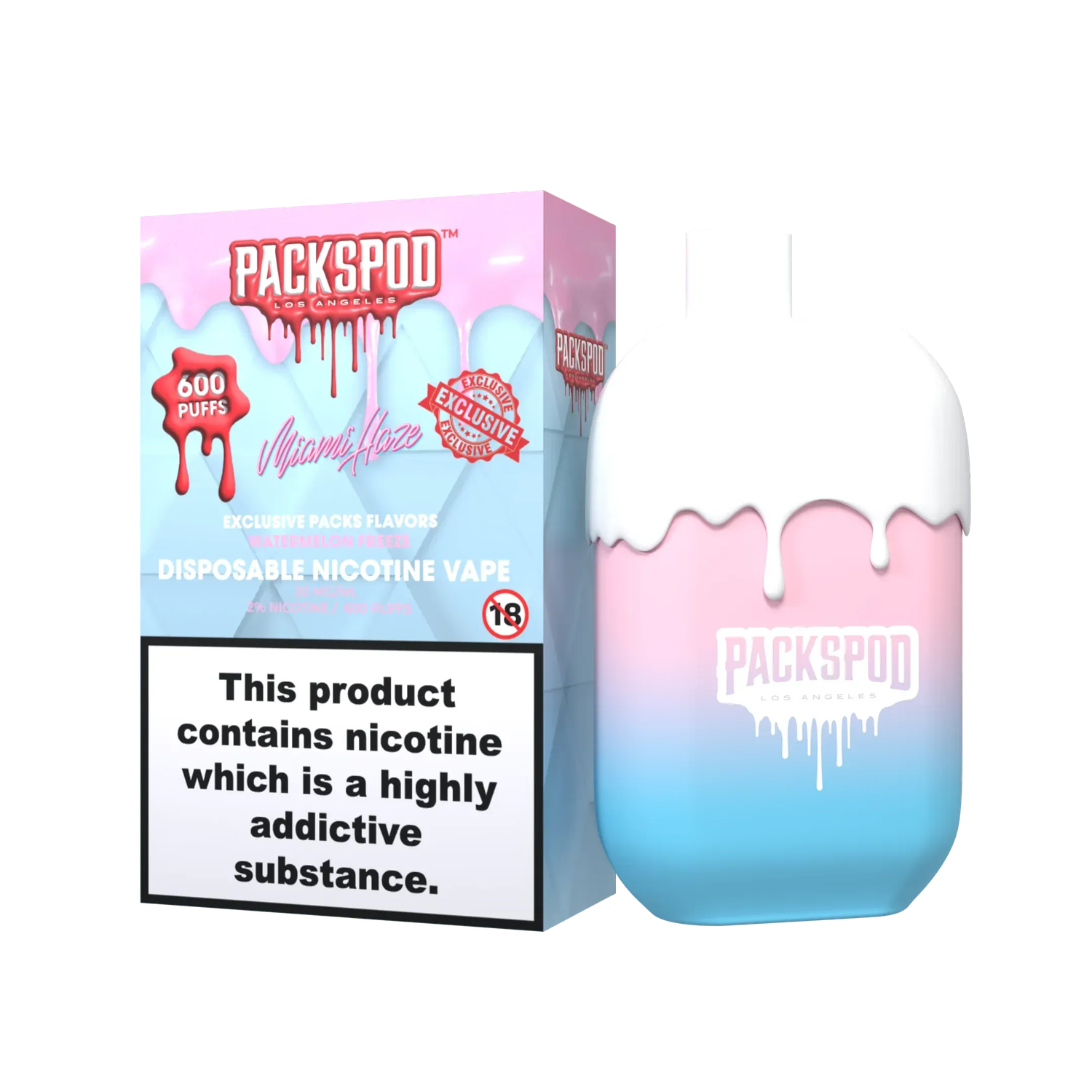PacksPod 600 Einweg Vape in der Sorte Miami Haze mit 20mg Nikotinsalz vor weissem Hintergrund.