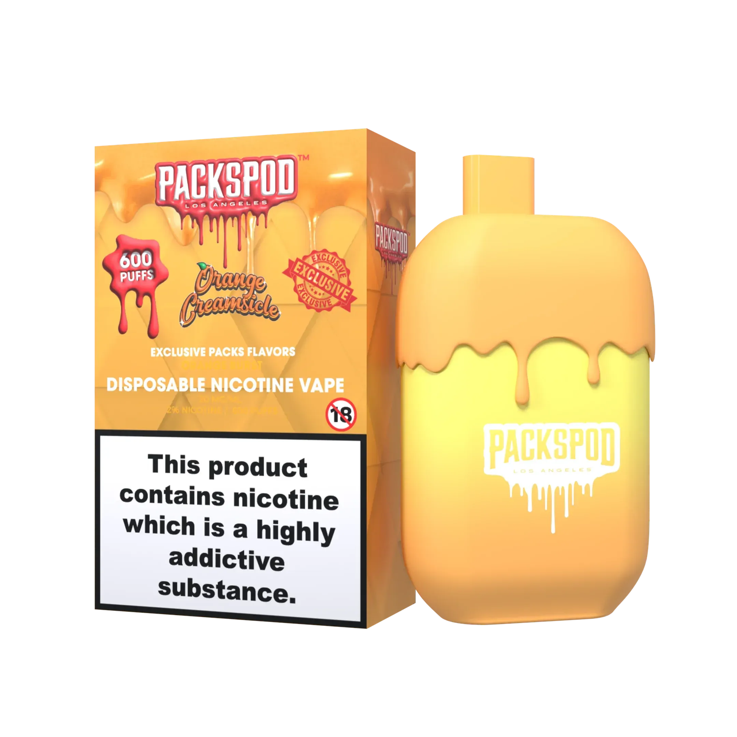 PacksPod 600 Einweg Vape in der Sorte Orange Creamsicle mit 20mg Nikotinsalz vor weissem Hintergrund.