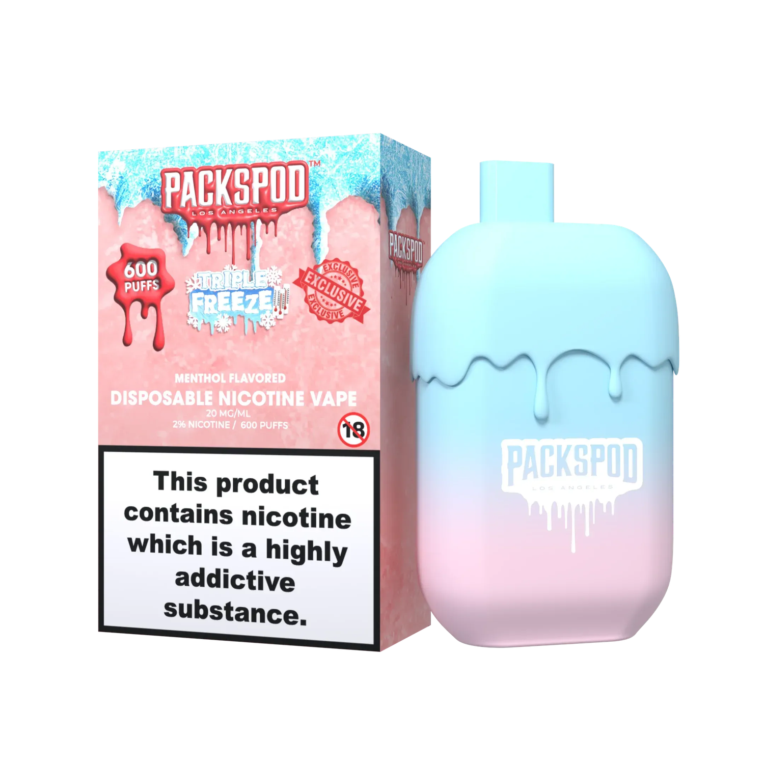 PacksPod 600 Einweg Vape in der Sorte Triple Freeze mit 20mg Nikotinsalz vor weissem Hintergrund.