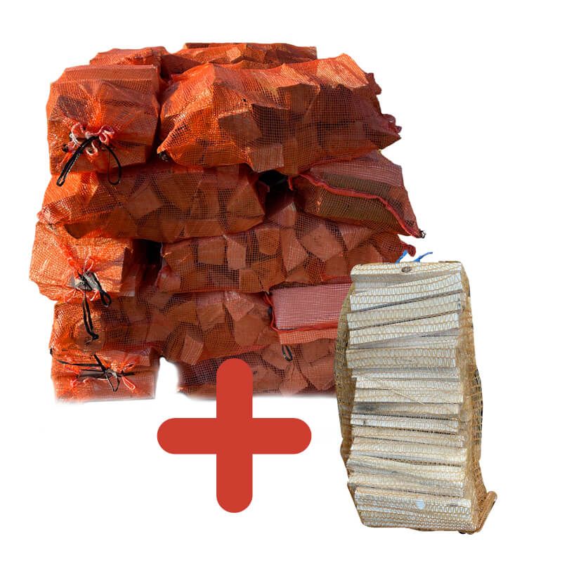 Combideal - pallet netzakken haardhout (30 stuks) + zak aanmaakhout - mix van harde houtsoorten - eiken- &amp; beukenhout