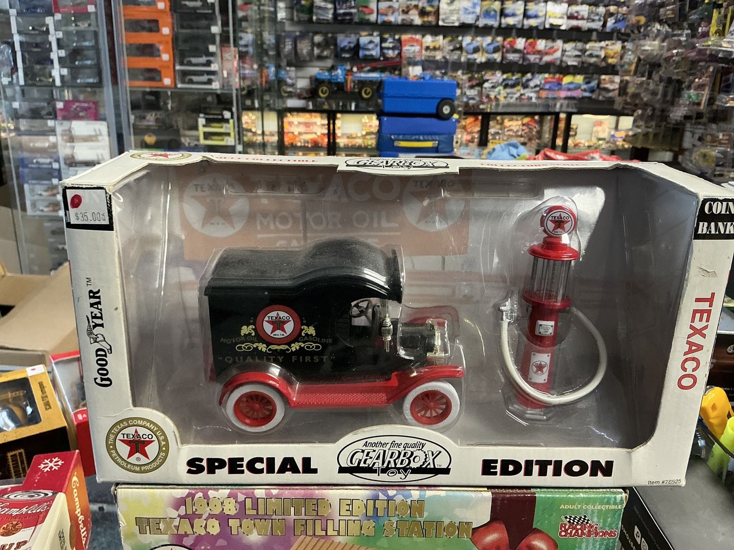 Text the code toy coin bank with gas pump
