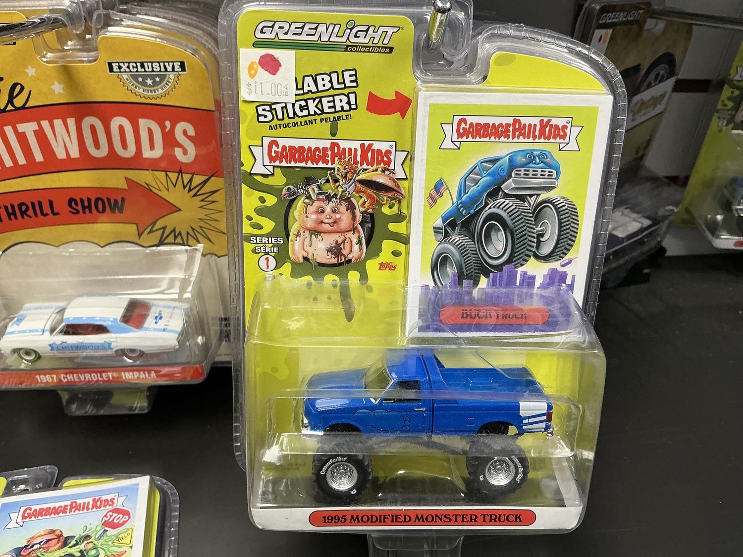 1995 modified monster truck, blue garbage pail kids