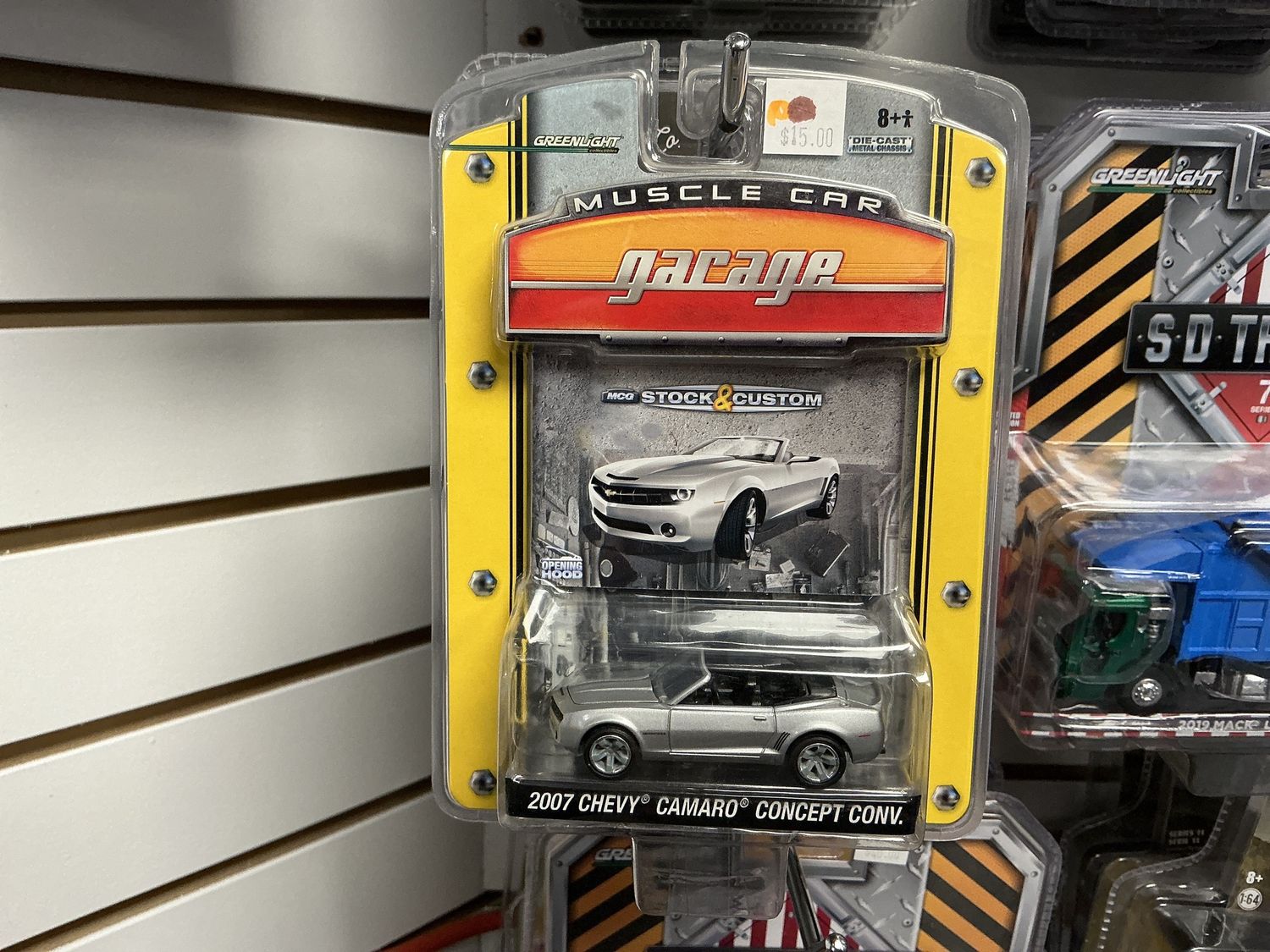 2007 Chevy Camaro concept, convertible, silver muscle car garage