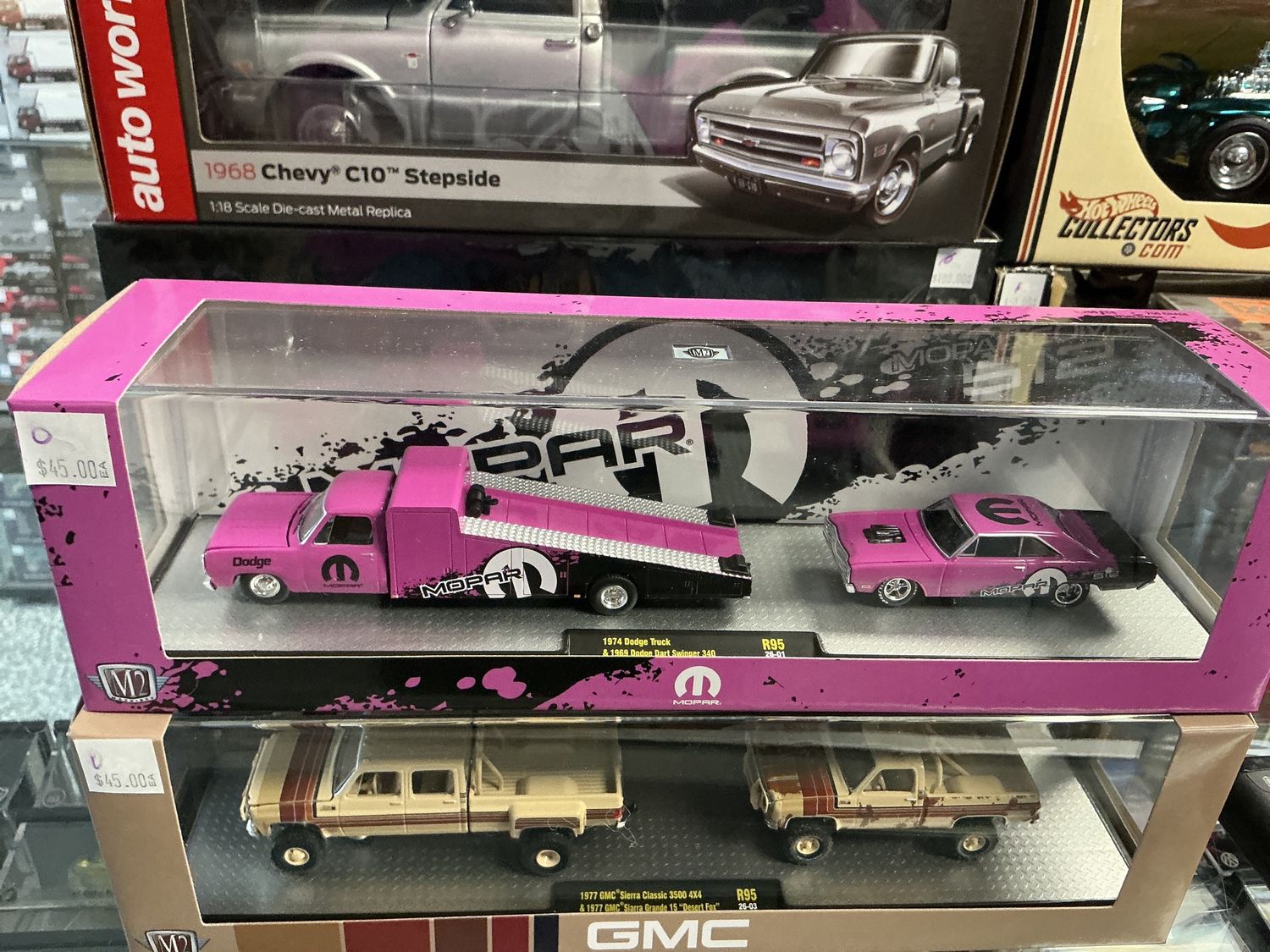 Mopar M2 hauliers 1974 Dodge truck with 1969 Dodge dart swinger pink