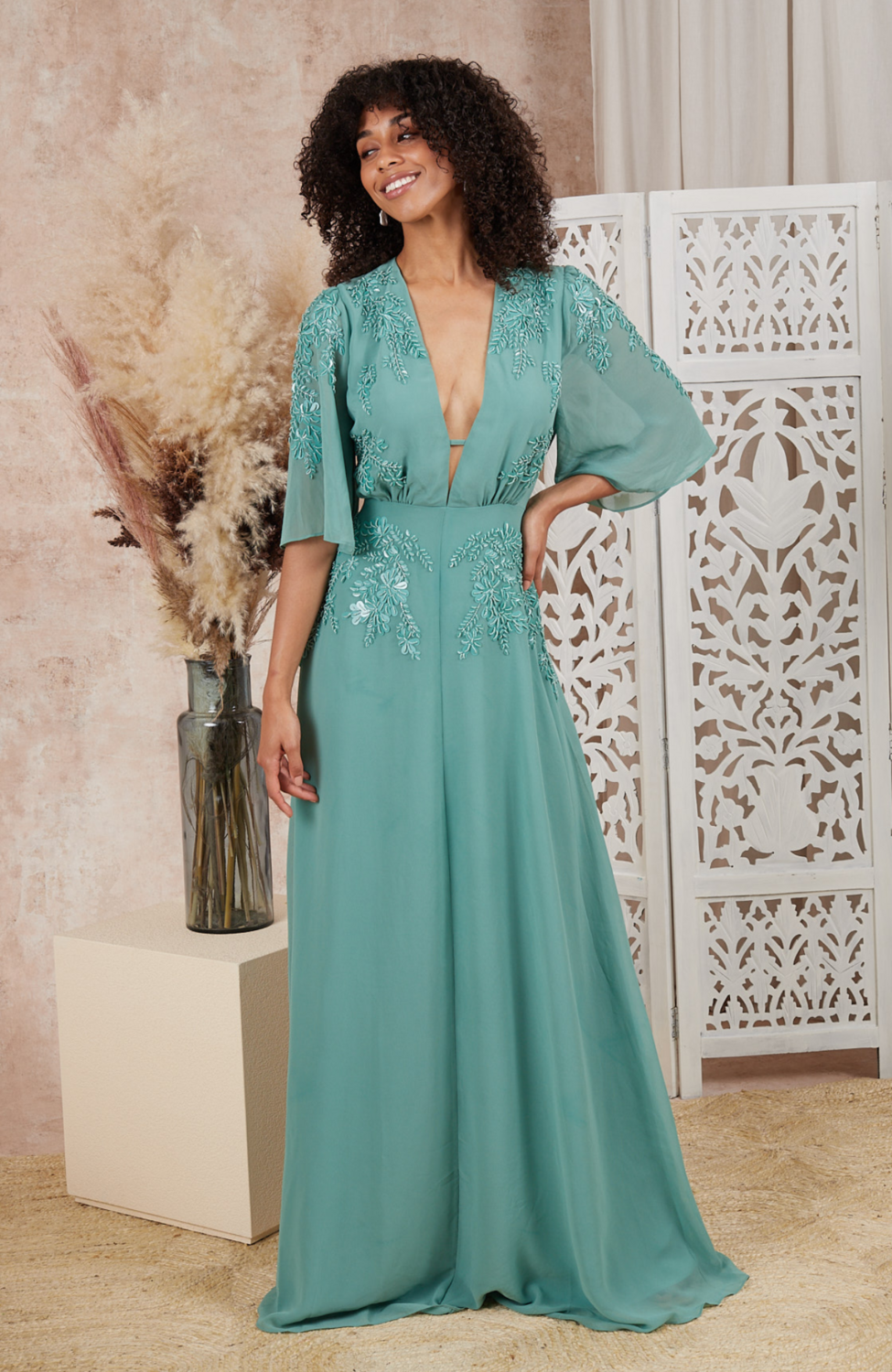 Hope and Ivy - The Kindra Plunge Front Embellished Maxi Dress With Flutter  Sleeve Soft Teal