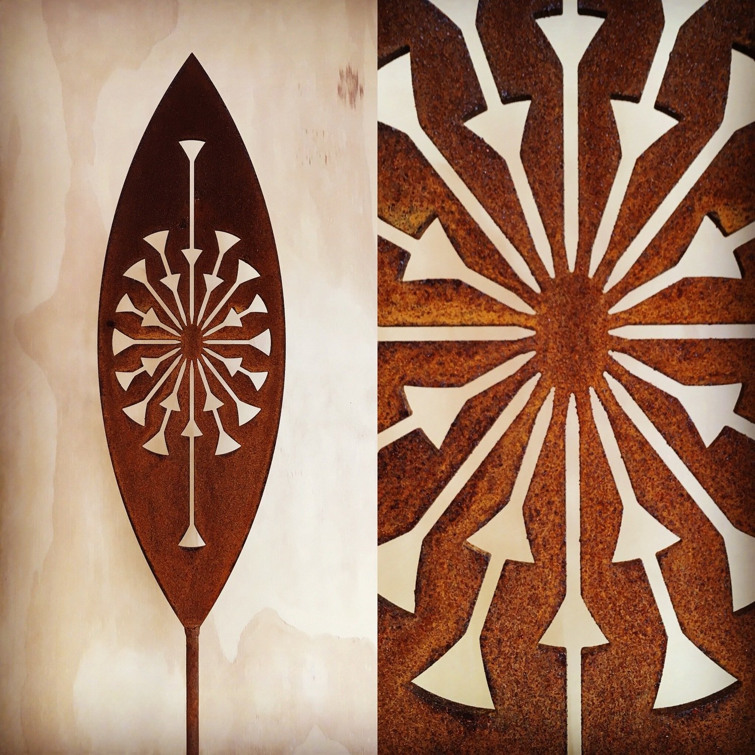 Corten garden spear in Tohu design by Grounded Art NZ. Rusty Patina of the Corten metal is highlighted by the light plywood.