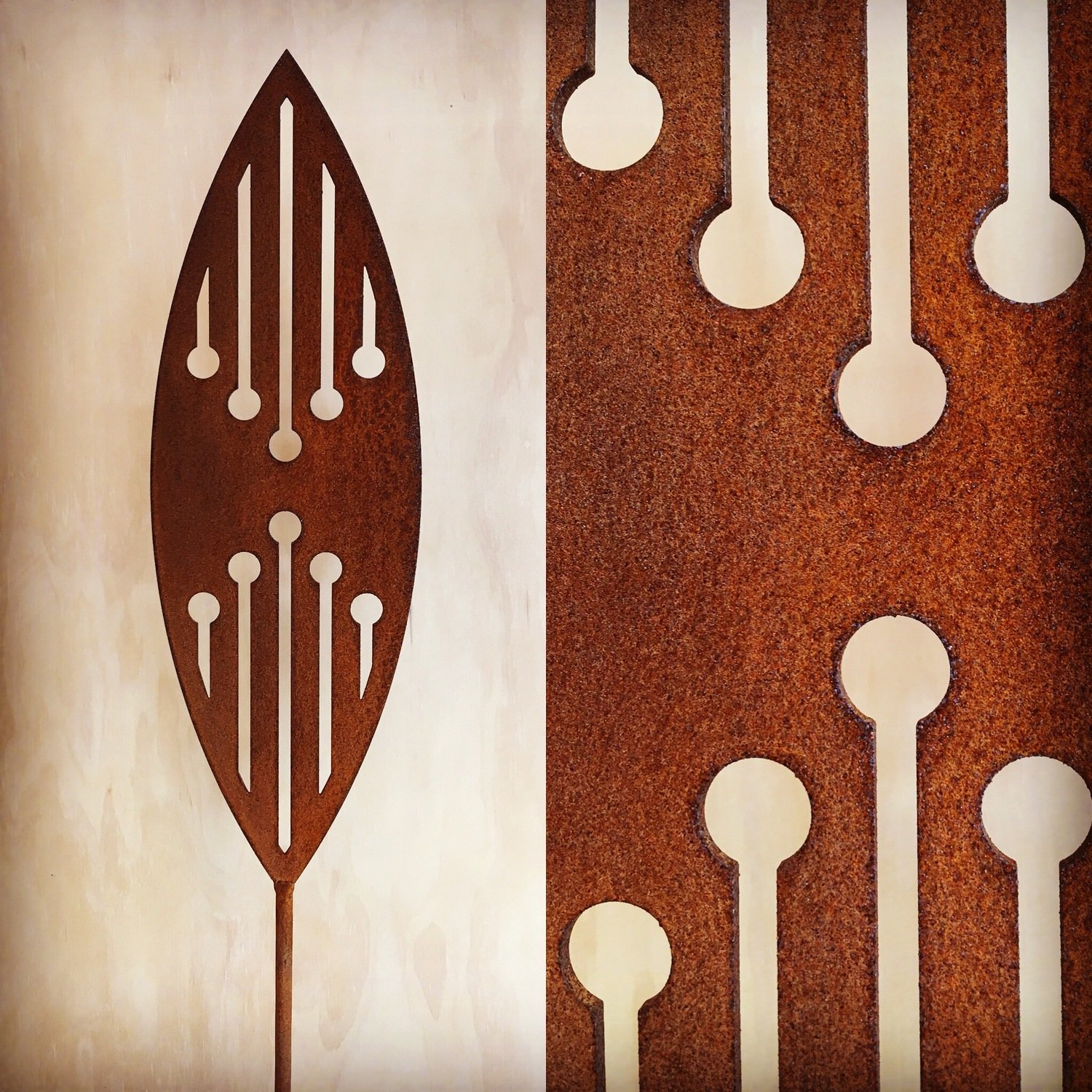 Reflection design of Rusty Corten garden Spear by Grounded Art NZ. Proudly made in South Otago, New Zealand. 