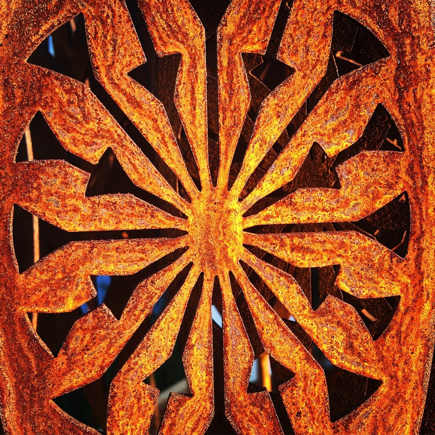 Close up detail of 3D Corten Tohu Sculpture in rusty Corten steel by Grounded Art NZ. South Otago, NZ