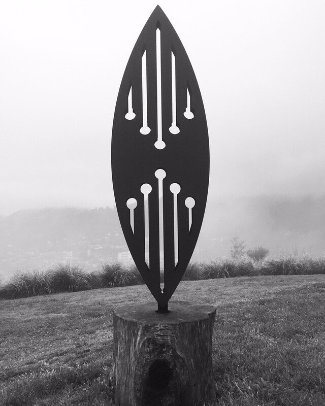 Black and white image of 3D Corten Reflection Sculpture by Grounded Art NZ.
