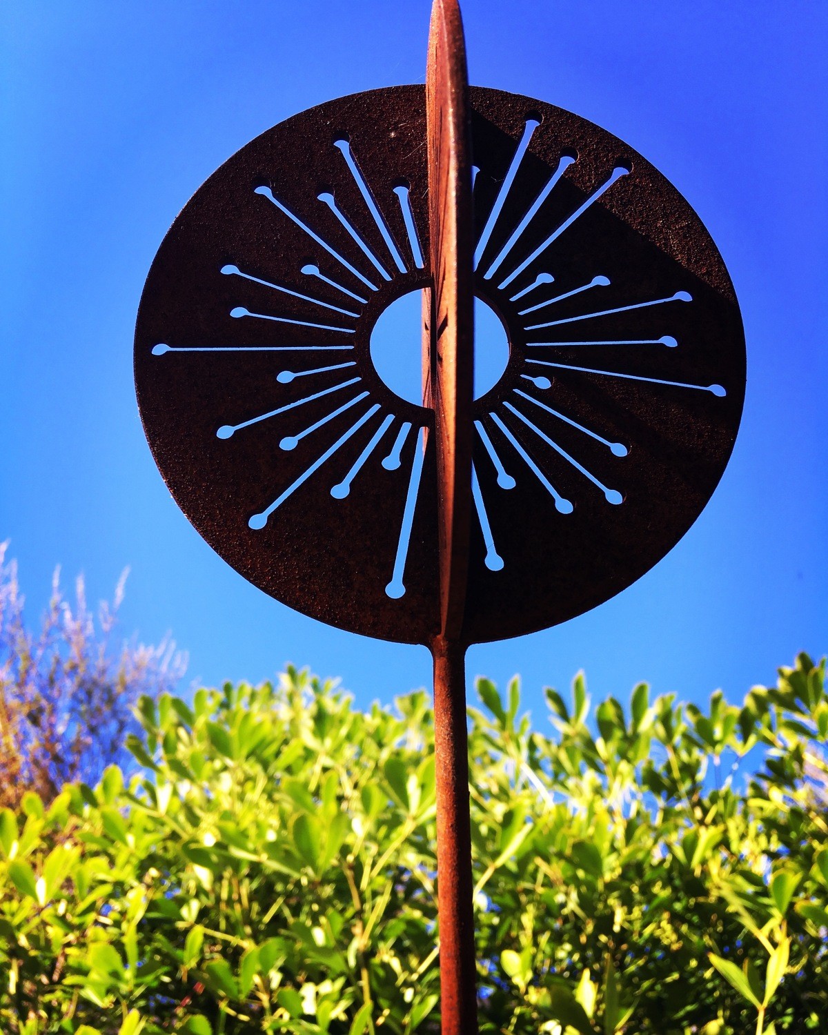 Allium star burst patterns of Grounded Art NZ's Corten Steel Allium wands with sky filtering through to highlight the design