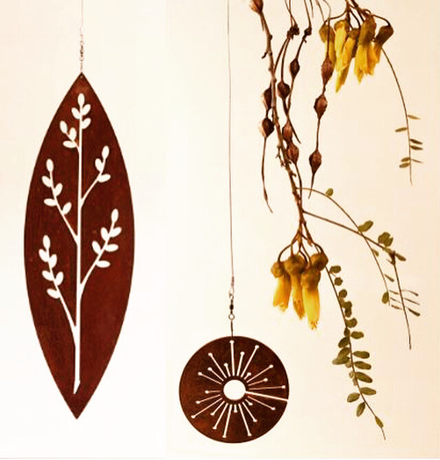 Korokio Corten Spinning Art &amp; Corten Spinning Allium by Grounded Art NZ. Suspended by swivels for gentle movement &amp; interest.