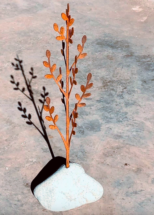 Toitiiti Botanical Sculpture by Grounded Art NZ. Corten steel garden art. Beautiful delicate design in a natural stone base. 