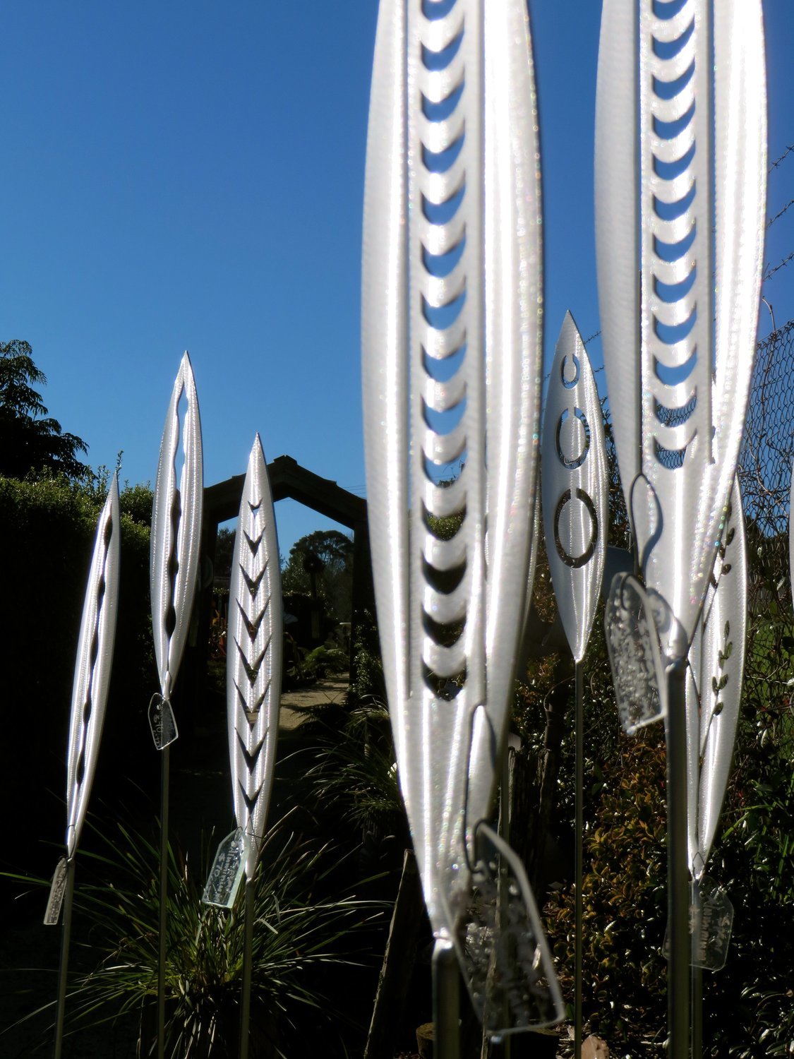 Side view of a range of Aluminium Garden Art Spears by Grounded Art NZ. Metal Art proudly made in South Otago, New Zealand.