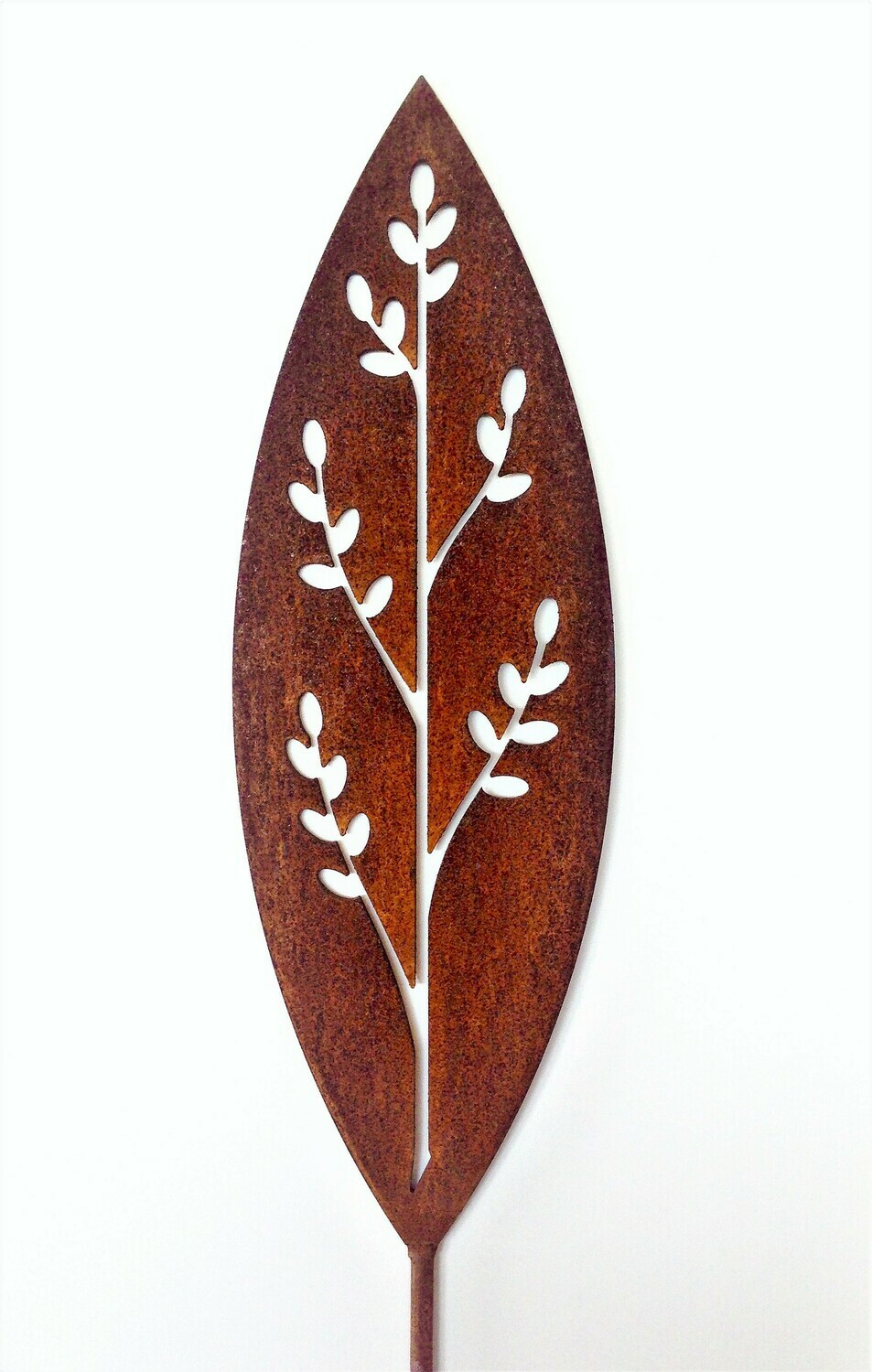 Corten Spear in Korokio design by Grounded Art NZ. Korokio detail in rusty Corten patina with a white gallery background.