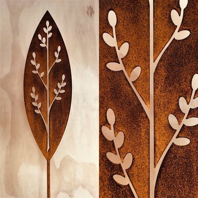 Corten Spear in Korokio design by Grounded Art NZ. Korokio detail in rusty Corten patina with a pale gallery background.