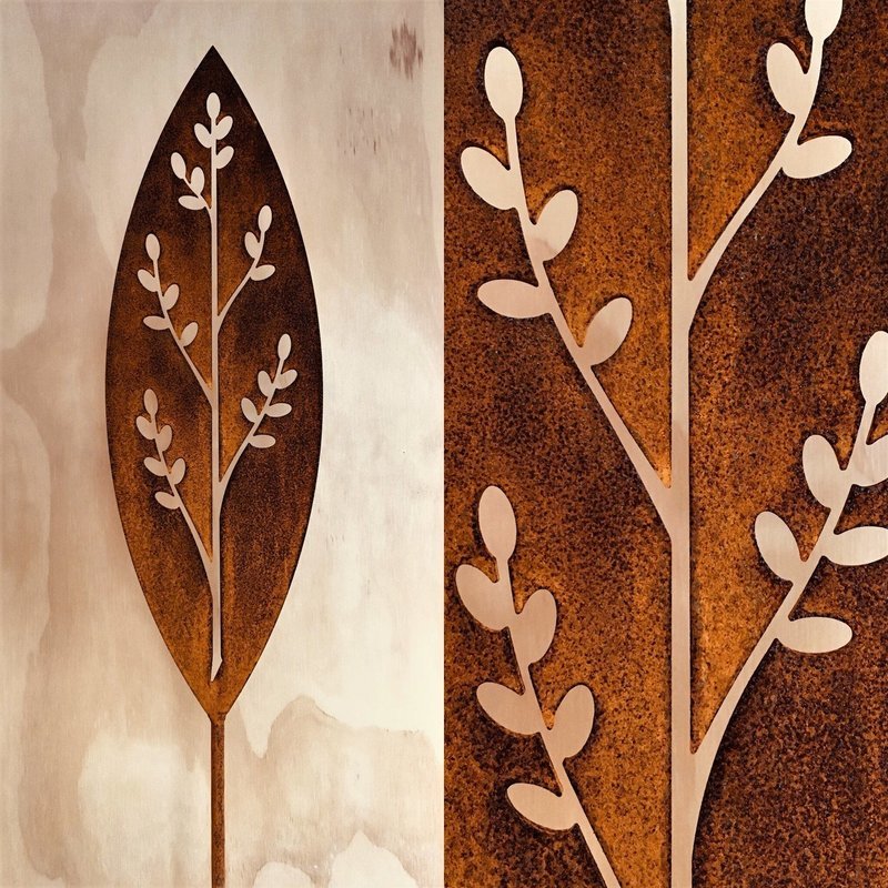 Corten Spear in Korokio design by Grounded Art NZ. Korokio detail in rusty Corten patina with a pale gallery background.