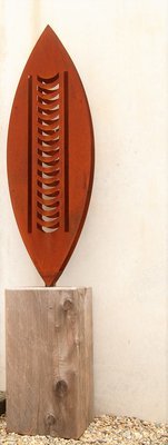 Rusted up 3D Corten Nikau Sculpture made by Grounded Art NZ against a pale background.