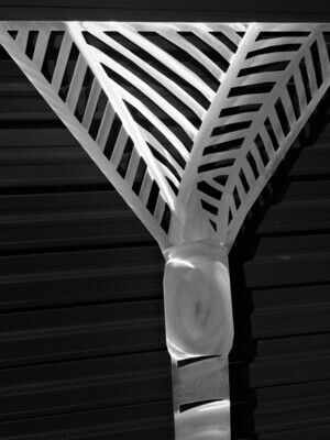 Close up of a Aluminium Nikau Palm by Grounded Art NZ catching the light and standing out against a dark cladding background.