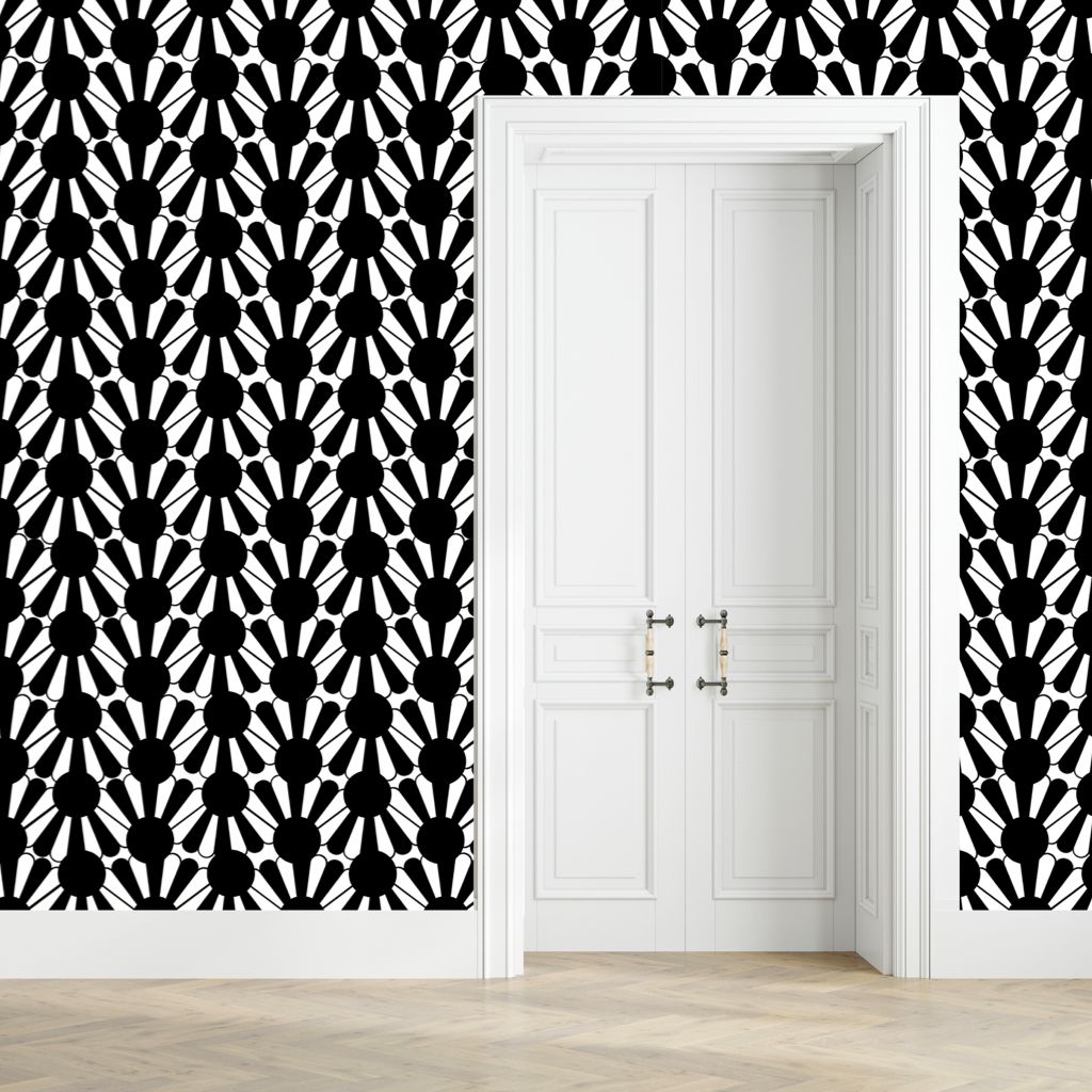 Scalloped Black and White Waves Peel and Stick Wallpaper – Retro Pattern