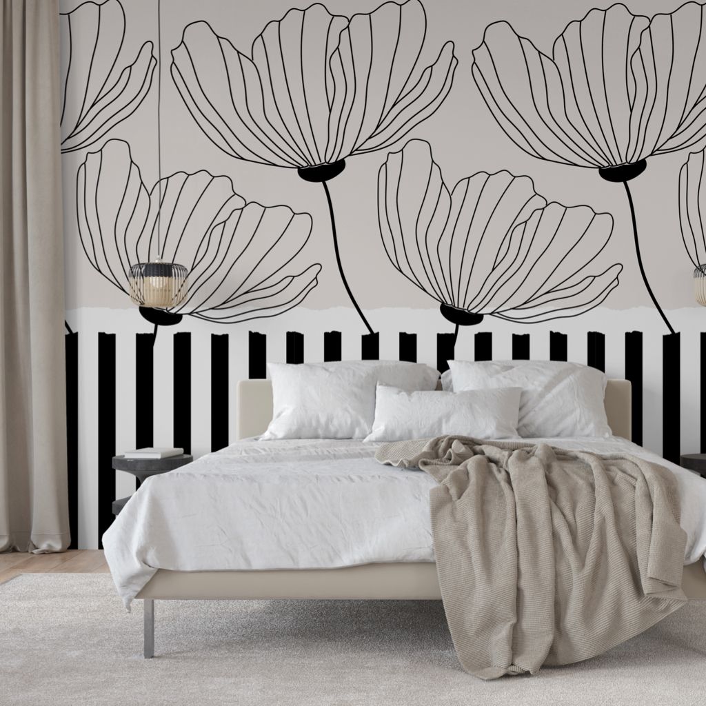 Stripe Floral Line Art Peel and Stick Wallpaper – Black &amp; White with Soft Accents
