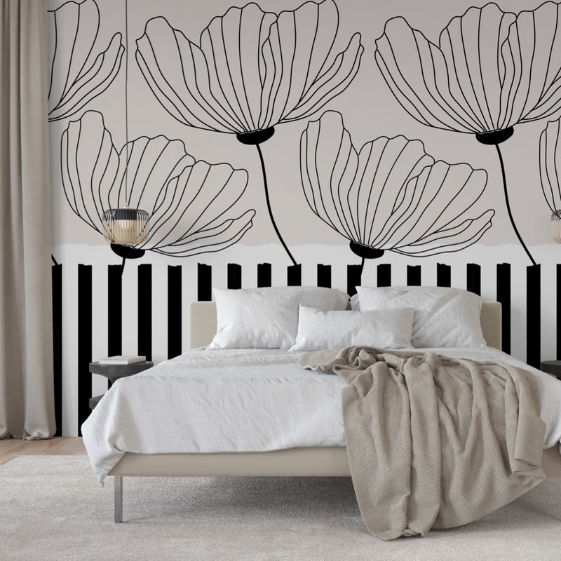 Stripe Floral Line Art Peel and Stick Wallpaper – Black &amp; White with Soft Accents