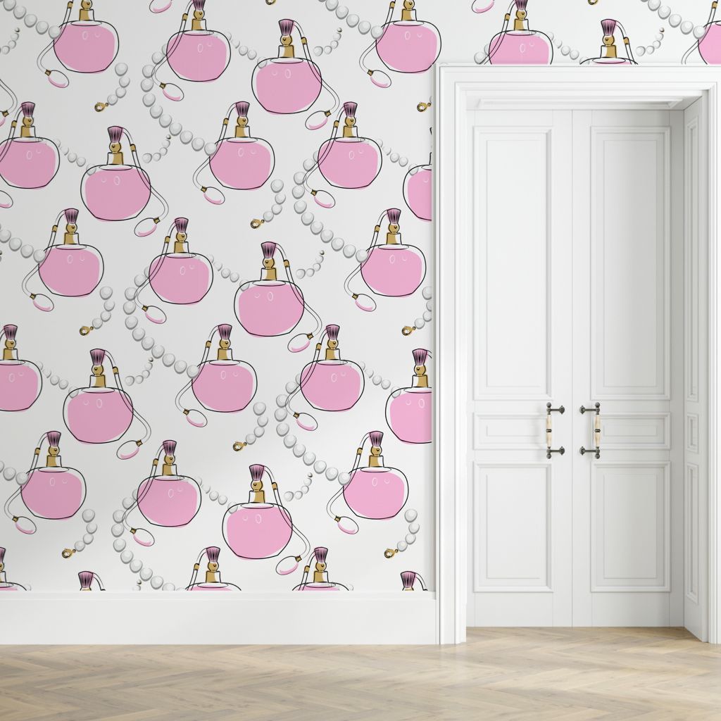 Perfume &amp; Pearls Peel and Stick Wallpaper – Pink &amp; White | Boudoir, Closet, Furniture Wrap