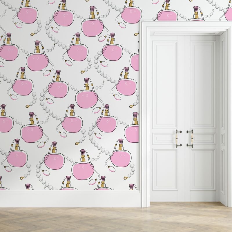 Perfume &amp; Pearls Peel and Stick Wallpaper – Pink &amp; White | Boudoir, Closet, Furniture Wrap