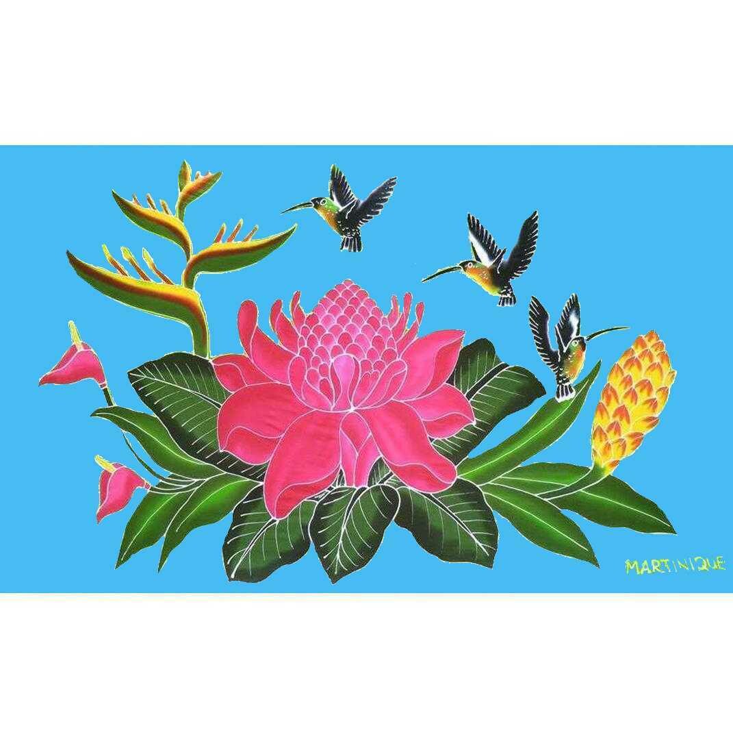 PAREO 3 COLIBRIS ROSE PORCELAINE MARTINIQUE - TURQUOISE