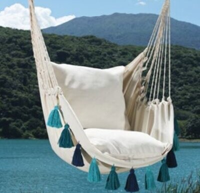 HAMAC CHAISE POMPOM - ECRU/BLEU