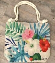 SAC CABAS JUTE FLEURS MARTINIQUE - HIBISCUS RBR BLANC