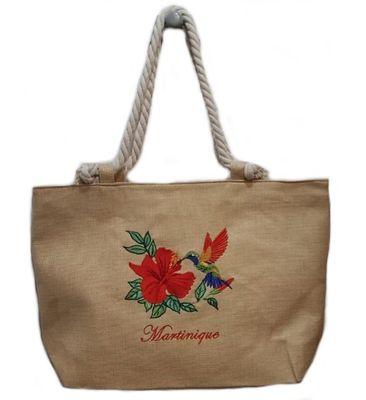 SAC CABAS JUTE BRODE ANSE EN CORDE - COLIBRI HIBISCUS