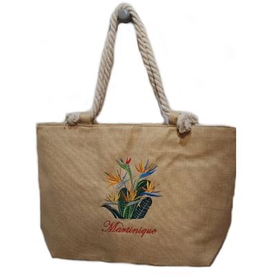 SAC CABAS JUTE BRODE ANSE EN CORDE - OISEAUX PARADIS